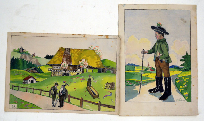 1 Schwarzwaldlandschaft, 1 Schwarzwälder in  Tracht.
