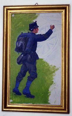 Artillerist beim Basten (Radtier) Schweizer Gebirgsartillerie beim Einrichten einer Stellung  