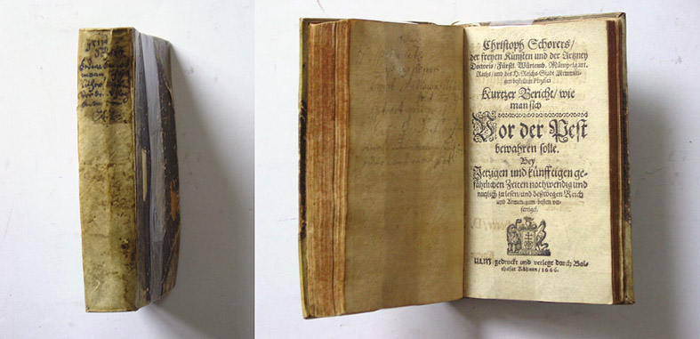 [4 Titel in einem Bd.] 1. Kurtzer Bericht wie man sich vor der Pest bewahren solle. Bey jetzigen und künfftigen gefährlichen Zeiten nothwendig nüzlich zu lesen (...), 1666, 93 pag. S., 7 Bl. handschriftl. Notizen;  2. Kurtzer Underricht vornehmlich von Cu