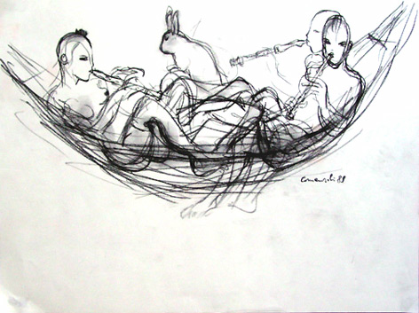 Ohne Titel (Zwei Mädchen mit Hase)