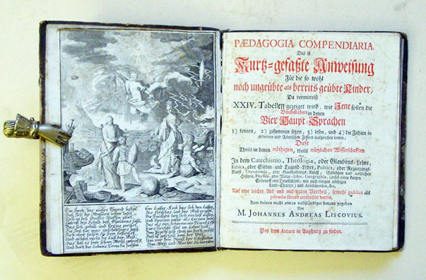 Paedagogia Compendiaria Das ist kurtz-gefaßte Anweisung für die so wohl noch ungeübte als bereits geübte Kinder, da vermittelst XXIV. Tabellen gezeiget wird, wie jene sollen die Buchstaben in denen vier Haupt-Sprachen 1. kennen, 2. zusammen setzen, 3. les
