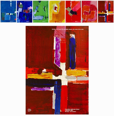 Plakat - Exposition nationale Suisse. Schweizerische Landesausstellung. Espositioni Nazionale Svizzera. Esposiziun Naziunala Svizra, Lausanne 1964 - Im Heute den Umriss der Zukunft enthüllen; Wege zum neuen Europa weisen; Für eine soldarische Welt wirken;
