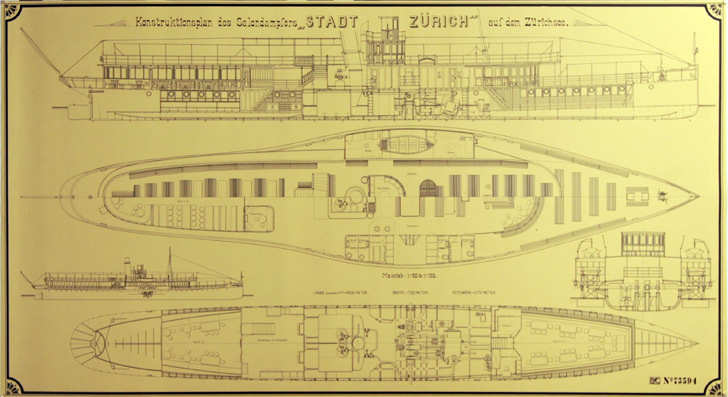 Plakat - Konstruktionsplan des  Salondampfers «Stadt Zürich» auf dem Zürichsee