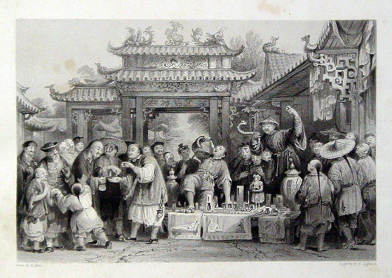 [Album mit 20 nach Vorlagen von Thomas Allom (eine nach W. L. Leitch) gestochenen Ansichten Chinas (meist Panoramen, aber auch häusliche Szenerien und Marktszenen). Beiliegend 6, ebenfalls nach Thomas Allom gestochene lose Taf. (wohl aus «China Illustrate