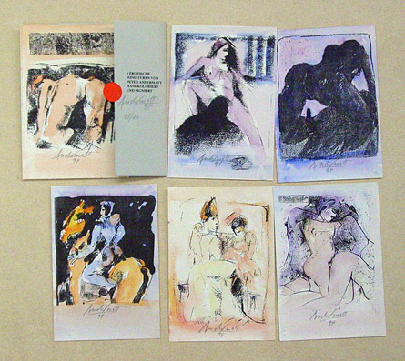 6 erotische Miniaturen von Peter Andermatt, handkoloriert und signiert.