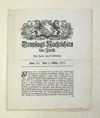 Donnstags-Nachrichten von Zürich, Bey Hans Jacob Lindinner