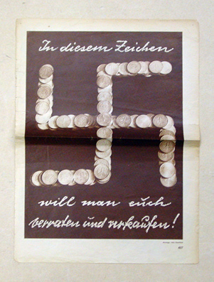 [Fotomontage: «In diesem Zeichen will man euch verraten und verkaufen»]