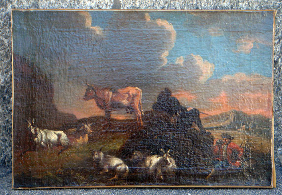Italienische Landschaft mit Kuh, Hirten und Geissen