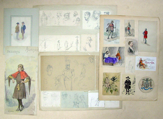 Private Mappe mit 130 Orig.- Bleistift- und Tuschzeichnungen und Aquarellen