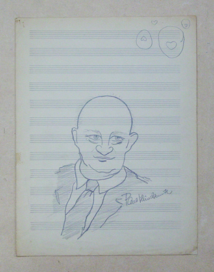 Selbstportrait in Blei, signiert auf Notenblatt