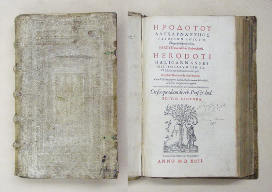 Herodoti Halicarnassei. Historiarum lib. IX, IX Musarum nominibus inscripti. Eiusdem narratio de vita Homeri. Cum vallae interpret. Latina historiarum Herodoti, ab Henr. Stephano recognita. Item cum iconibus structurarum ab Herodoto descriptarum. Ctesiae 