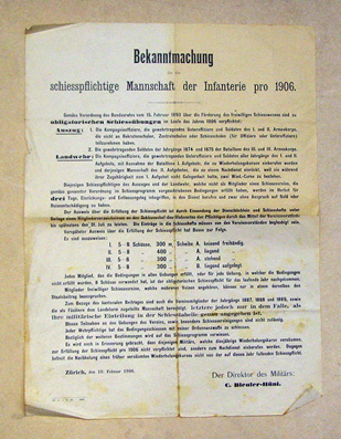 Bekanntmachung für die schiesspflichtige Mannschaft der Infantrie pro 1906