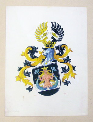 Wappen mit Meerjungfrau mit zwei Fischschwänzen