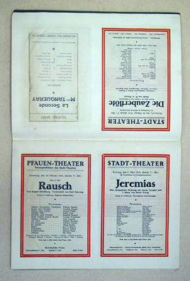 [Privates Album mit 54 Ausschnitten meist von Zeitungsanzeigen für Theatervorführungen und Opernvorstellungen (oft in der Stadt Zürich), dazu 1 signierte Abb., 2 Postkarten]