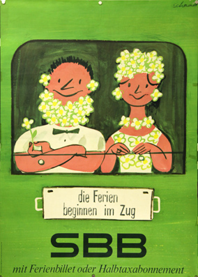 Plakat - Die Ferien beginnen im Zug SBB.