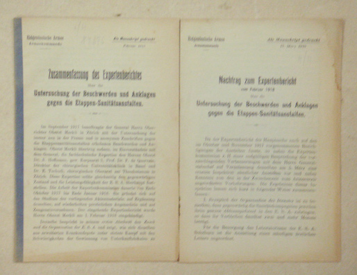 Zusammenfassung des Expertenberichtes über die Untersuchung der Beschwerden und Anklagen gegen die Etappen-Sanitätsanstalten. Februar 1918
