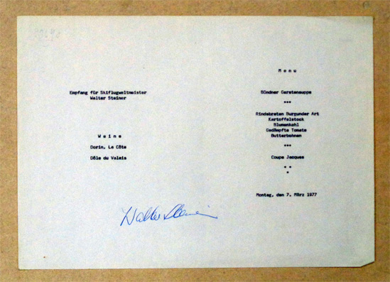 [Signierte Menükarte zum «Empfang für Skiflugweltmeister Walter Steiner» am 7. März 1977]