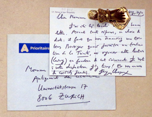 Handschriftliche Postkarte an einen Antiquaren in Briefumschlag