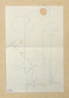 Blumenzeichnung a. kariertem Papier mit zwei Unterschriften