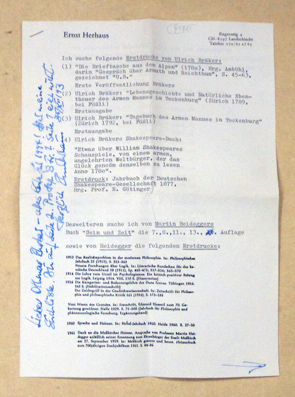 Kopiertes Typoscript (Suchliste) an einen Antiquaren, mit Unterschrift und Gruss.