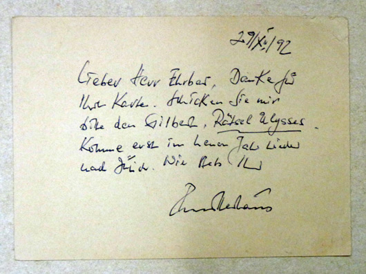 Handschriftliche Postkarte an einen Antiquaren