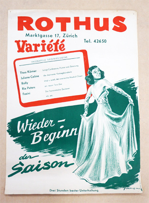 Plakat - Rothus Variété - Wider beginn der Saison: Theo Körner, Juliane Coline, Rolly, Ria Peters, Faxini