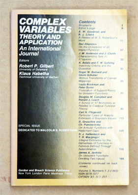 Complex variables. Theory and applications. An international Journal, Vol. 3, Numbers 1-3