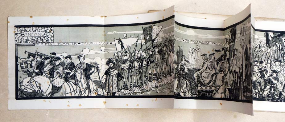 Festzug der Basler Bundesfeier 14. Juli 1901 , nach Costümskizzen von Karl Jauslin, Franz Krauss und Burkh. Mangold. Steinzeichnung von Burkh. Mangold.