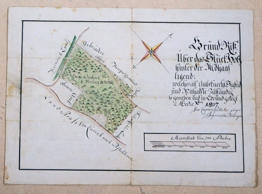 Grund Riss über das Stueck Holz hinter der Aldhanf ligend: welches als Amtsknecht Sigfrid und Mithaffte zuständig so gemessen und Grund gelegt Mediox bris 1807