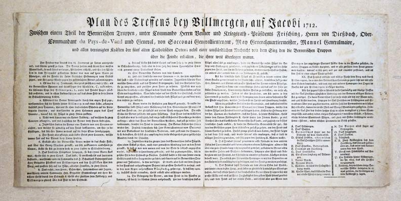 Plan des Treffens bey Villmergen, auf Jacobi 1712. Zwischen einem Theil der Bernerischen Truppen, unter Commando Herrn Venner und Kriegsrath-Präsident Frisching, Hern von Diessbach, …