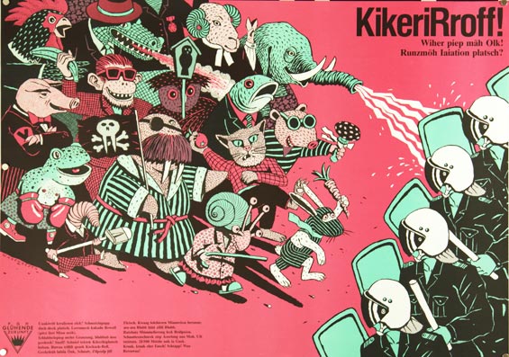 Plakat - KikeriRroff Wiher piep mäh Olk! Runzmöh Iaiation platsch