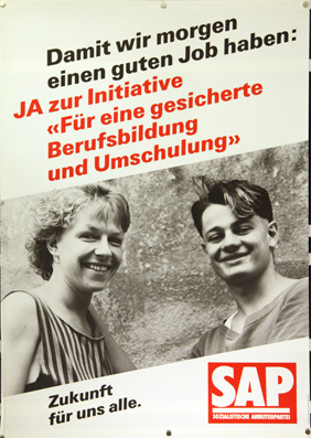 Plakat - Ja zur Initiative «Für eine gesicherte Berufsbildung und Umschulung». Damit wir morgen einen guten Job haben.