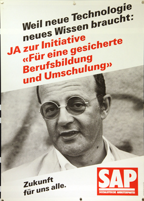 Plakat - Ja zur Initiative «Für eine gesicherte Berufsbildung und Umschulung». Weil Technologie neues Wissen braucht.
