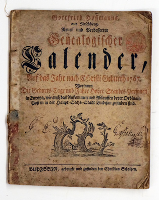 Neuer und verbesserter Genealogischer Calender, auf das Jahr Christi 1767.
